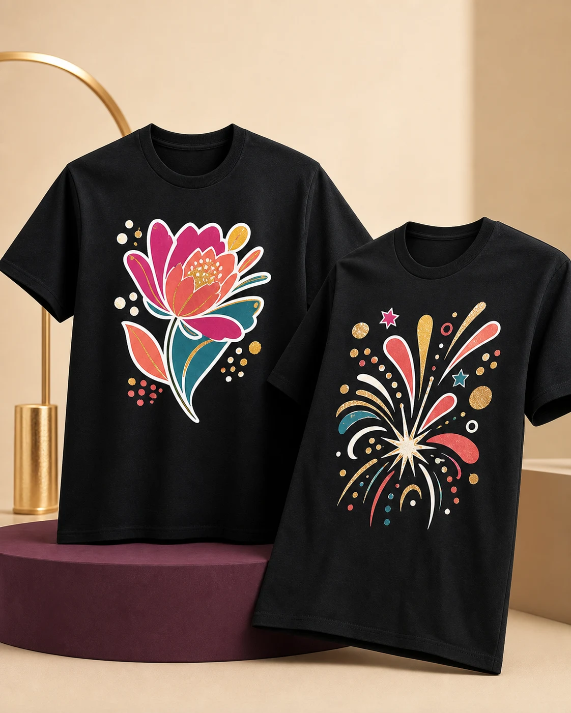 Two black T-shirts with colorful dark-transfer graphics and white underbase outlines