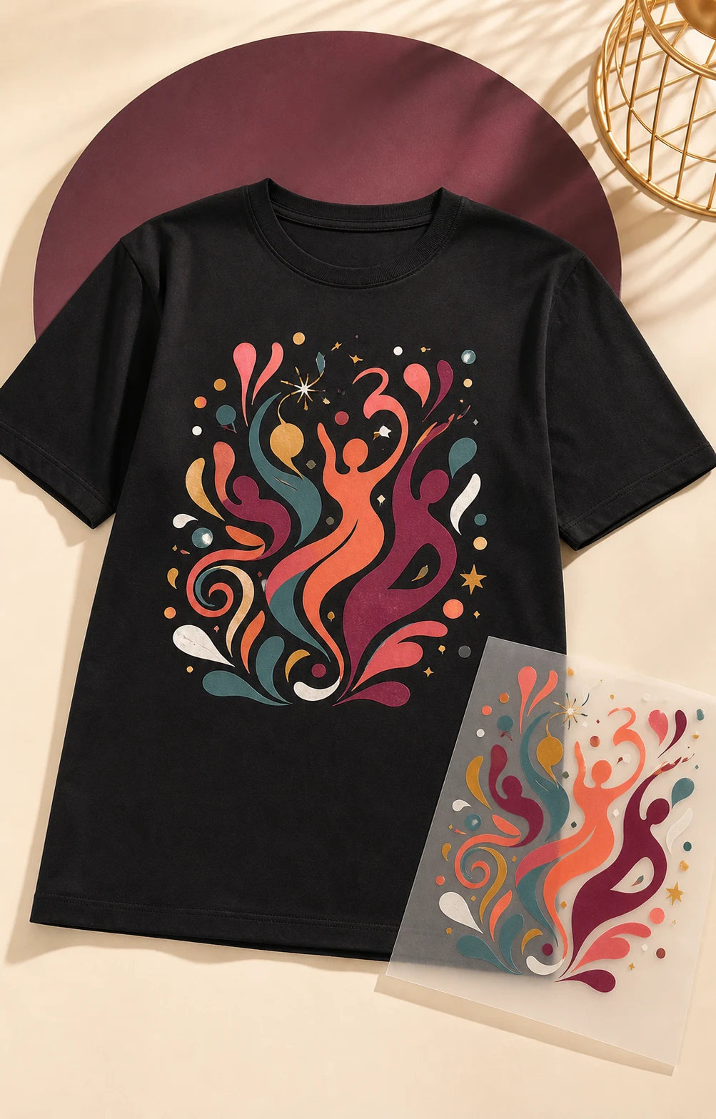 Black T-shirt with a crisp colorful DTF print and matching transfer film
