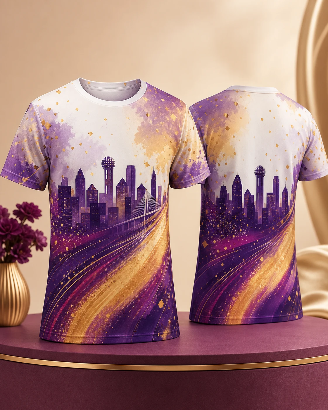 Front and back views of a purple and gold all-over sublimated T-shirt