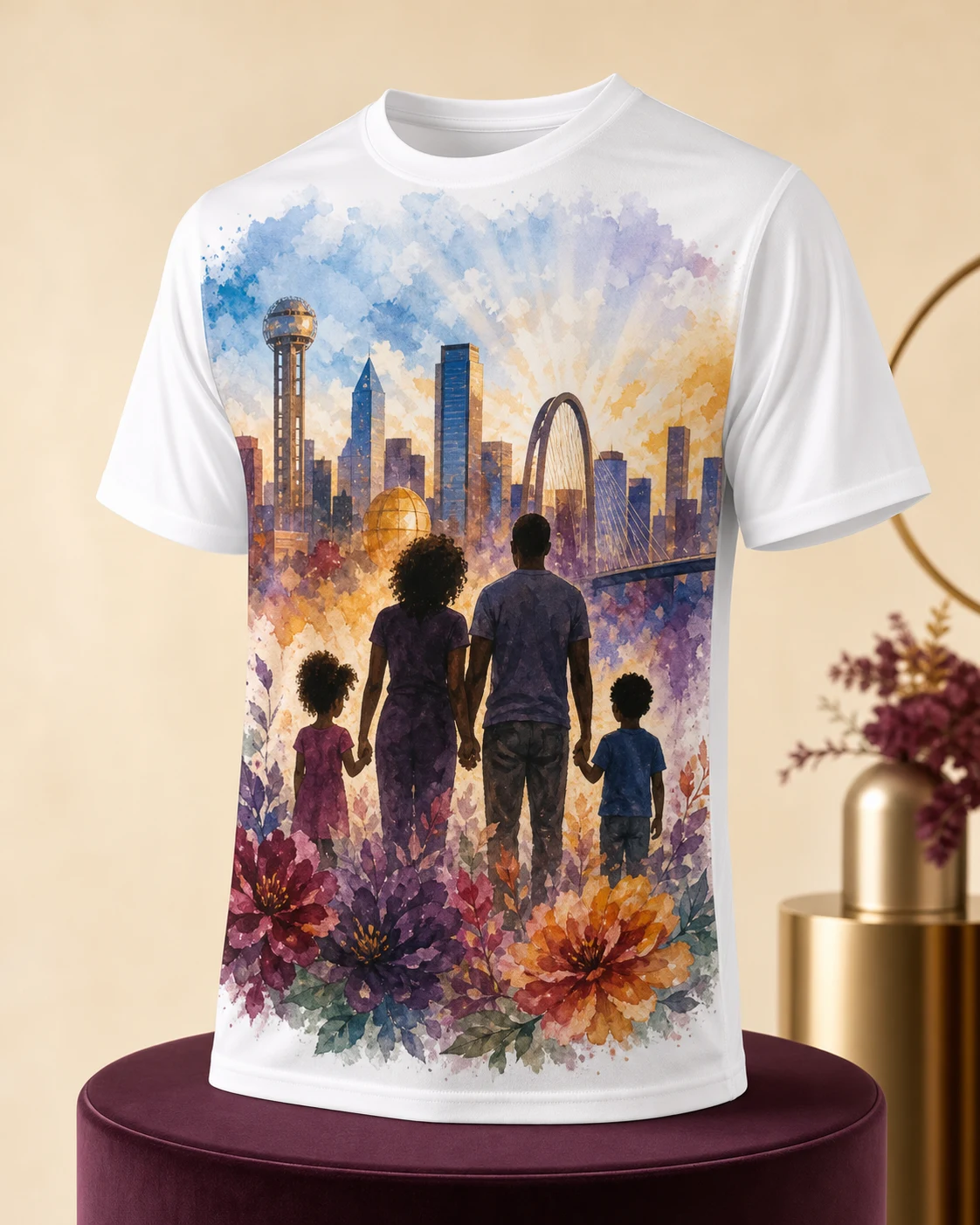 White T-shirt with a full-color front-only sublimated Dallas family design